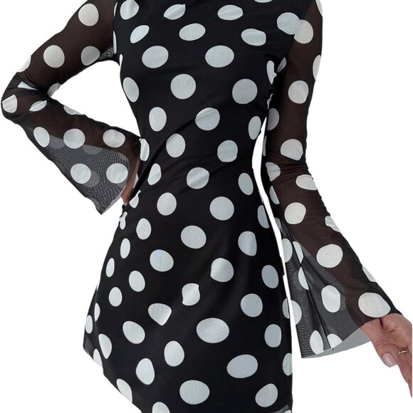 Women's Floral Mesh Mini Dress Bell Long Sleeve Boat Neck Party Vacation - Picture 1 of 5